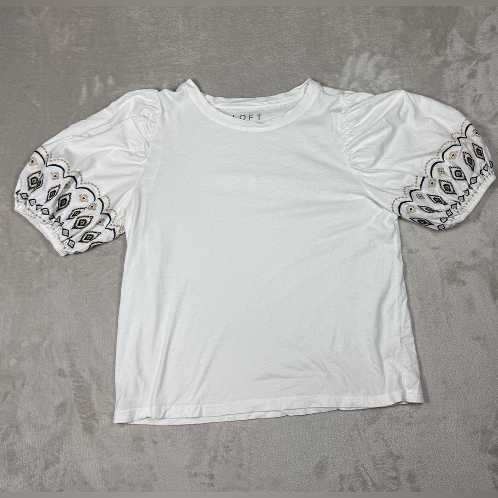 LOFT Embroidered Balloon Sleeve Top White 100% Cotton Lightweight Blouse Size MP - Picture 3 of 15